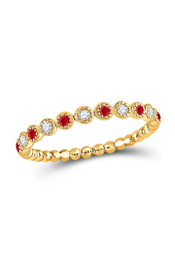 10kt Yellow Gold Womens Round Ruby Diamond Beaded Dot Stackable Band Ring 1/6 Cttw