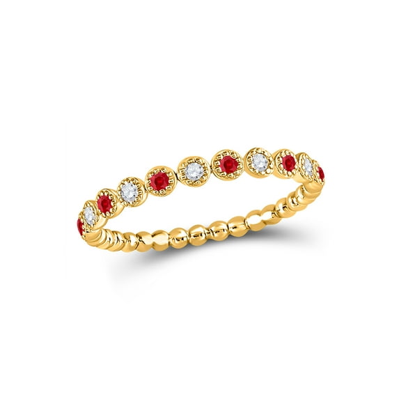 10kt Yellow Gold Womens Round Ruby Diamond Beaded Dot Stackable Band Ring 1/6 Cttw
