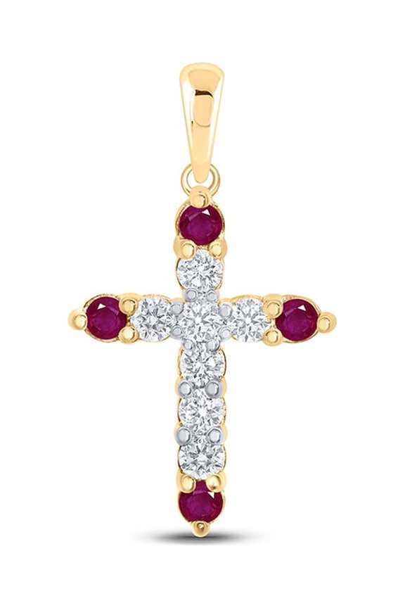 10kt Yellow Gold Womens Round Ruby Diamond Cross Pendant 1-1/5 Cttw