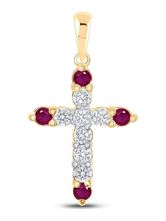 10kt Yellow Gold Womens Round Ruby Diamond Cross Pendant 1/4 Cttw
