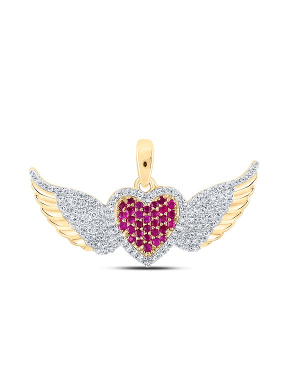 10kt Yellow Gold Womens Round Ruby Diamond Wing Heart Pendant 3/8 Cttw