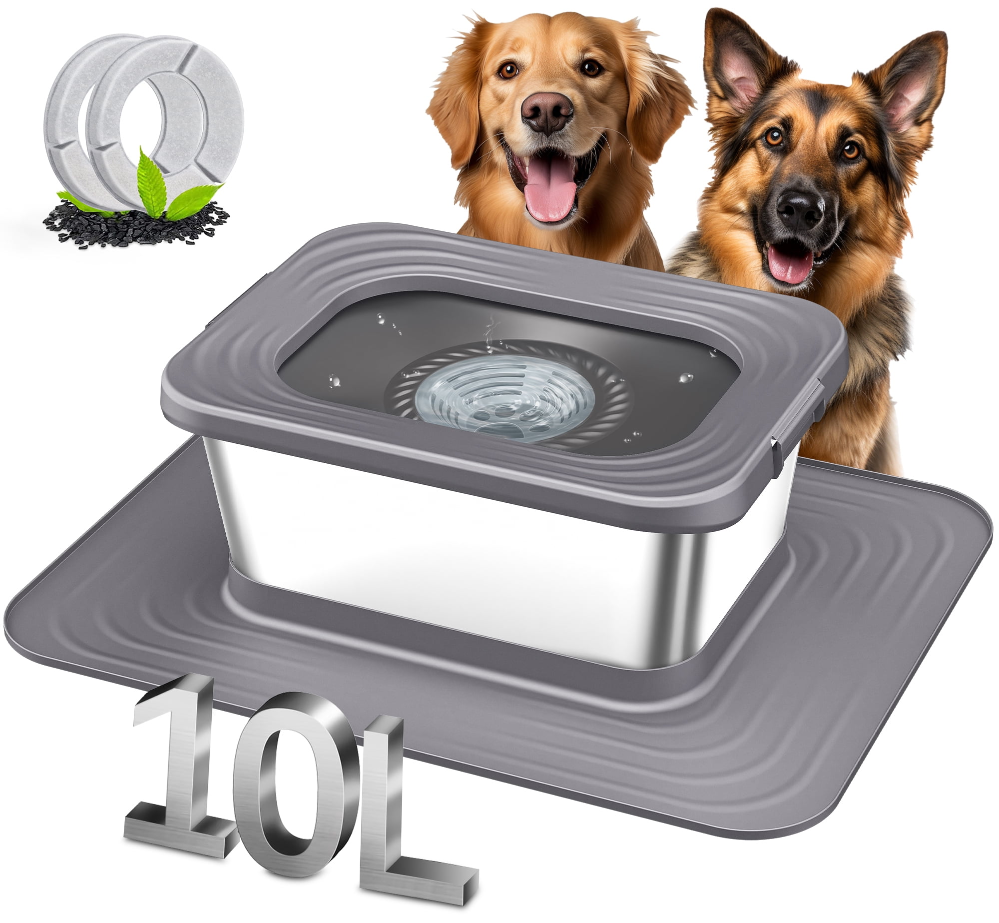 10l Dog Water Bowl Large Capacity Stainless Steel Dog Bowl, Anti-Splash Bowl With Large Size Silicone Anti-Slip Mat