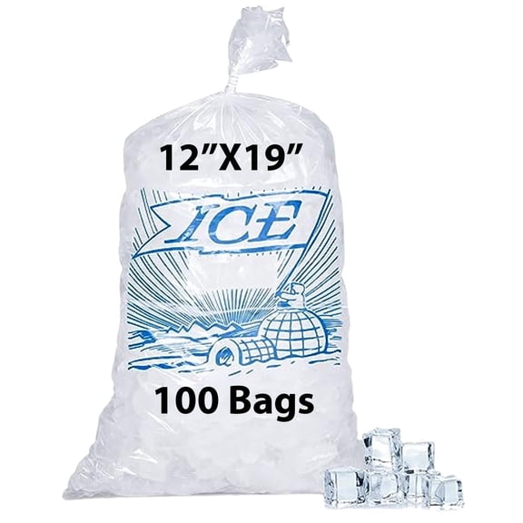 10lb Metallocene Ice Bag - 12"x19" & (100 Bags) 1.35Mil Printed Ice Bag with Drawstring Closure - Heavy-Duty Plastic Ice Bags - Convenient Bulk Pack for Ice Storage and More