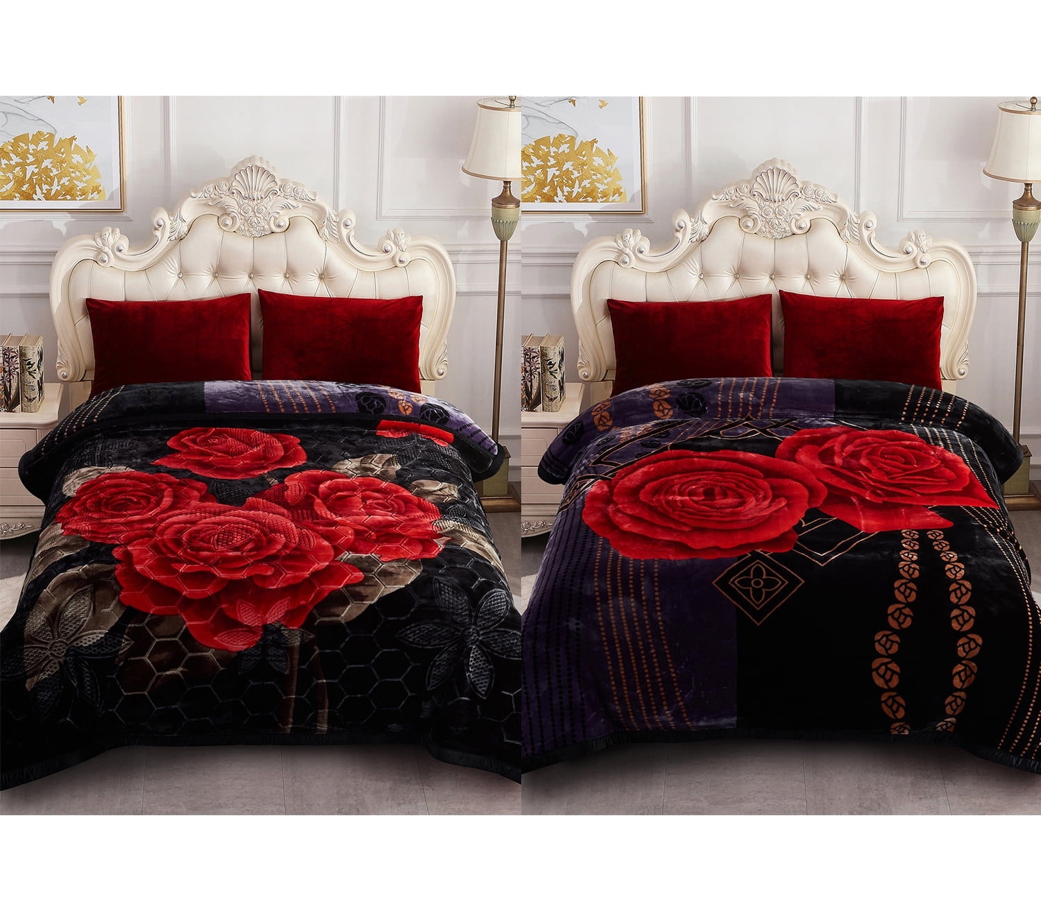 10lbs Heavy Thick A&B Pattern Blanket 2Ply Reversible - Thick Warm Plush Korean Style Bed Blanket, King Size Fleece Plush Blanket, Soft Winter Blanket For Adult 87" x 95", Black Purple & Rose