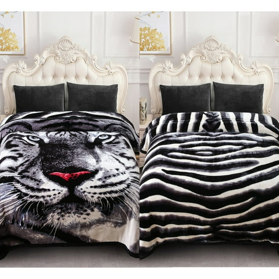 10lbs Heavy Thick A&B Pattern Blanket 2Ply Reversible - Thick Warm Plush Korean Style Bed Blanket, King Size Fleece Plush Blanket, Soft Winter Blanket For Adult 87" x 95", Black Tiger