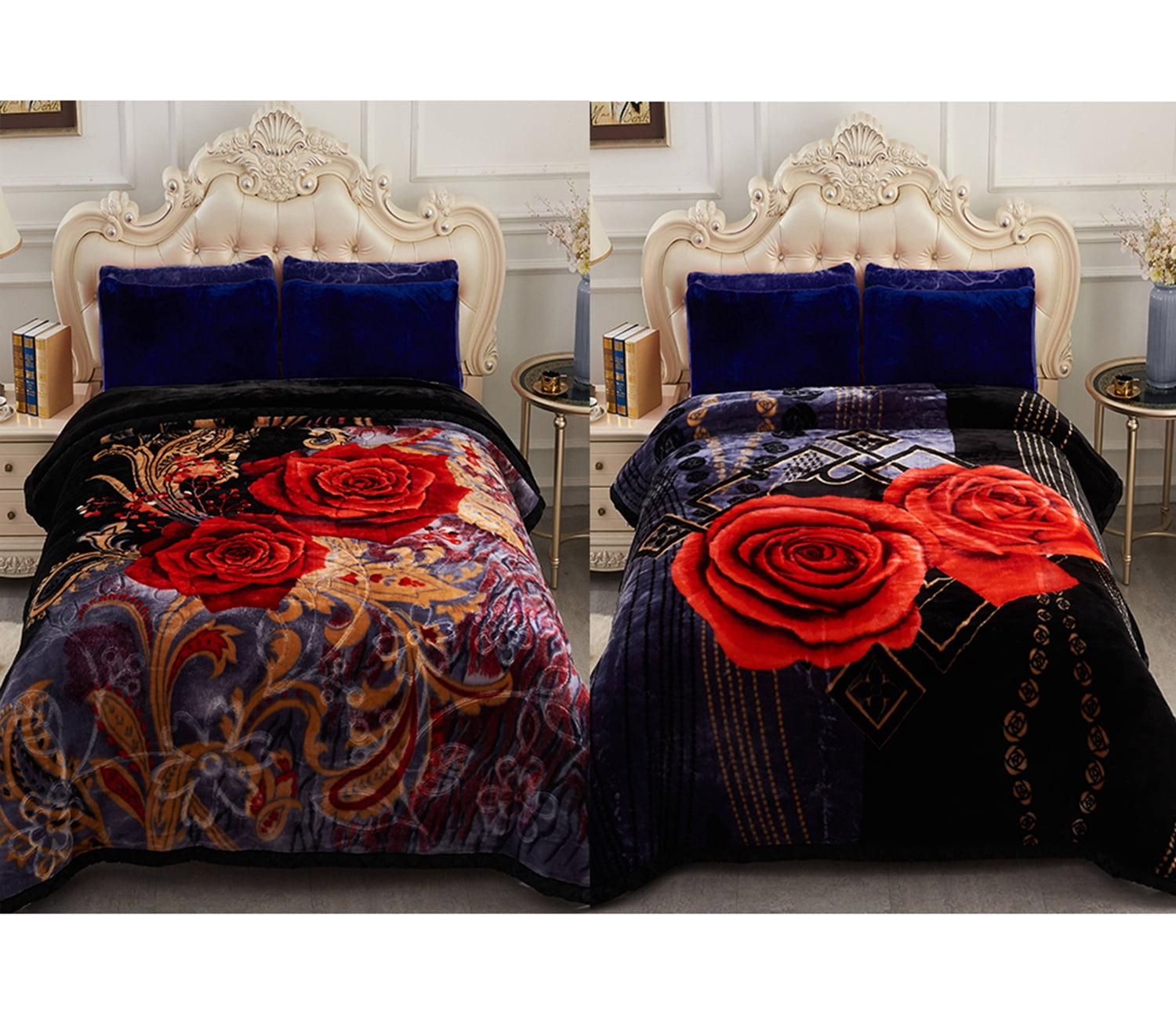 10lbs Heavy Thick A&B Pattern Blanket 2Ply Reversible - Thick Warm Plush Korean Style Bed Blanket, King Size Fleece Plush Blanket, Soft Winter Blanket For Adult 87" x 95", Black Rose