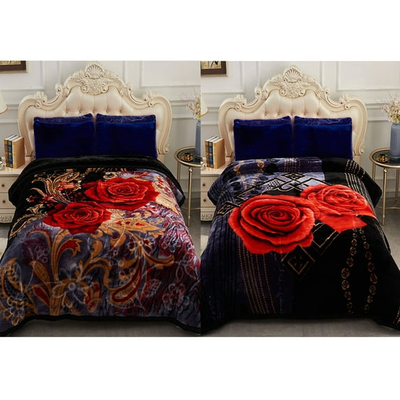 10lbs Heavy Thick A&B Pattern Blanket 2Ply Reversible - Thick Warm Plush Korean Style Bed Blanket, King Size Fleece Plush Blanket, Soft Winter Blanket For Adult 87" x 95", Black Rose