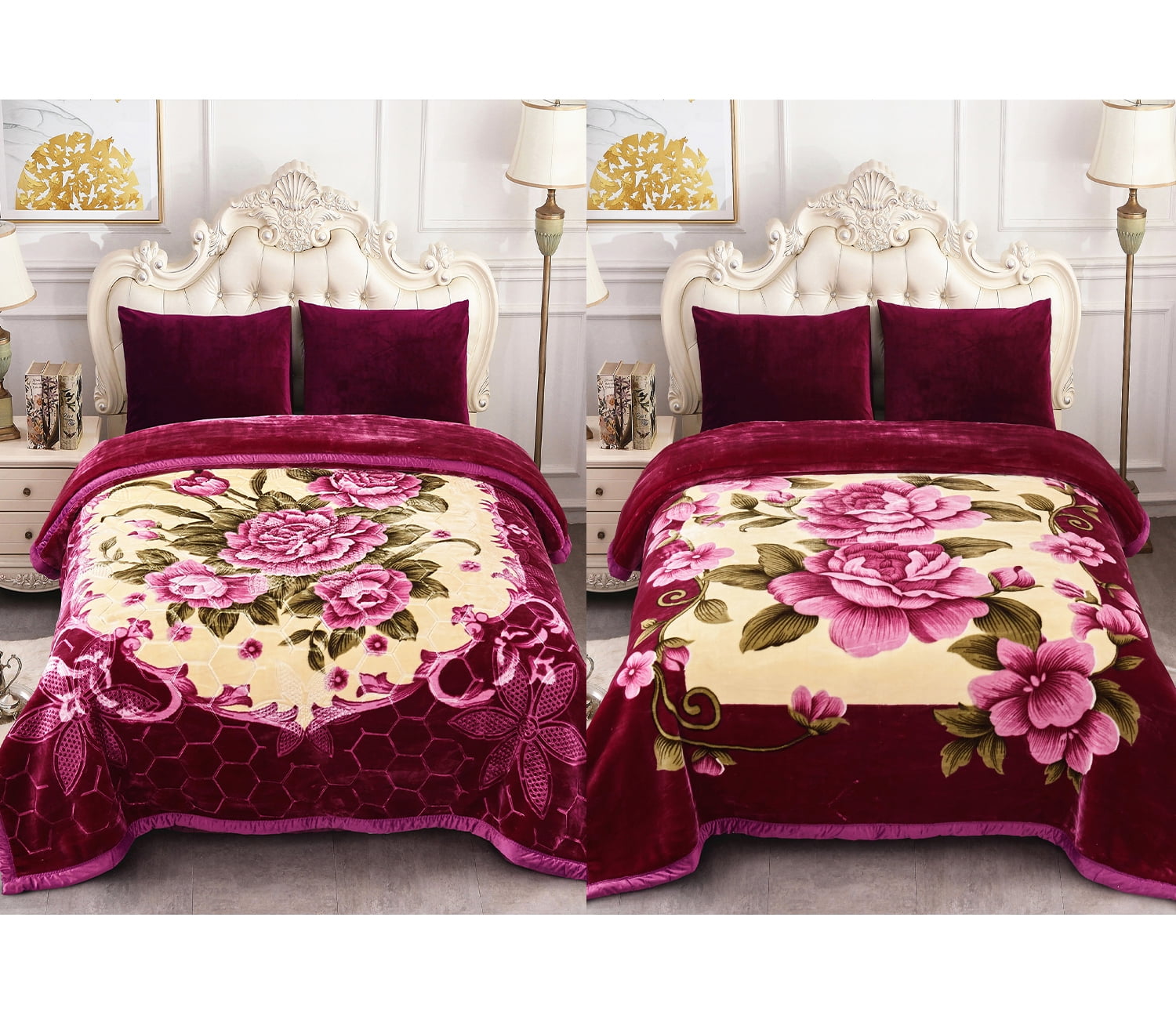 10lbs Heavy Thick A&B Pattern Blanket 2Ply Reversible - Thick Warm Plush Korean Style Bed Blanket, King Size Fleece Plush Blanket, Soft Winter Blanket For Adult 87" x 95", Purple Flower