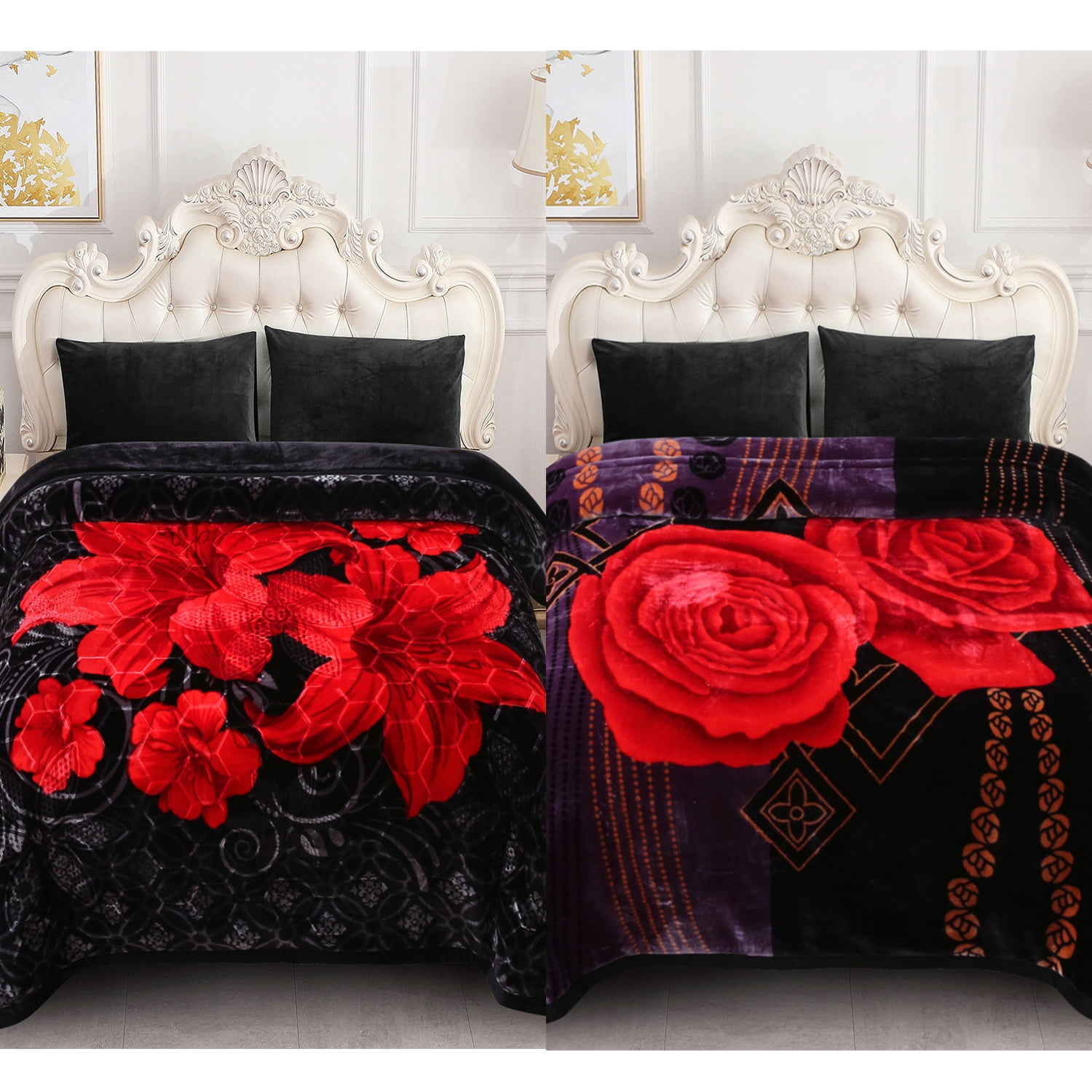 10lbs Heavy Thick A&B Pattern Blanket 2Ply Reversible - Thick Warm Plush Korean Style Bed Blanket, King Size Fleece Plush Blanket, Soft Winter Blanket For Adult 87" x 95", Lilies & Roses