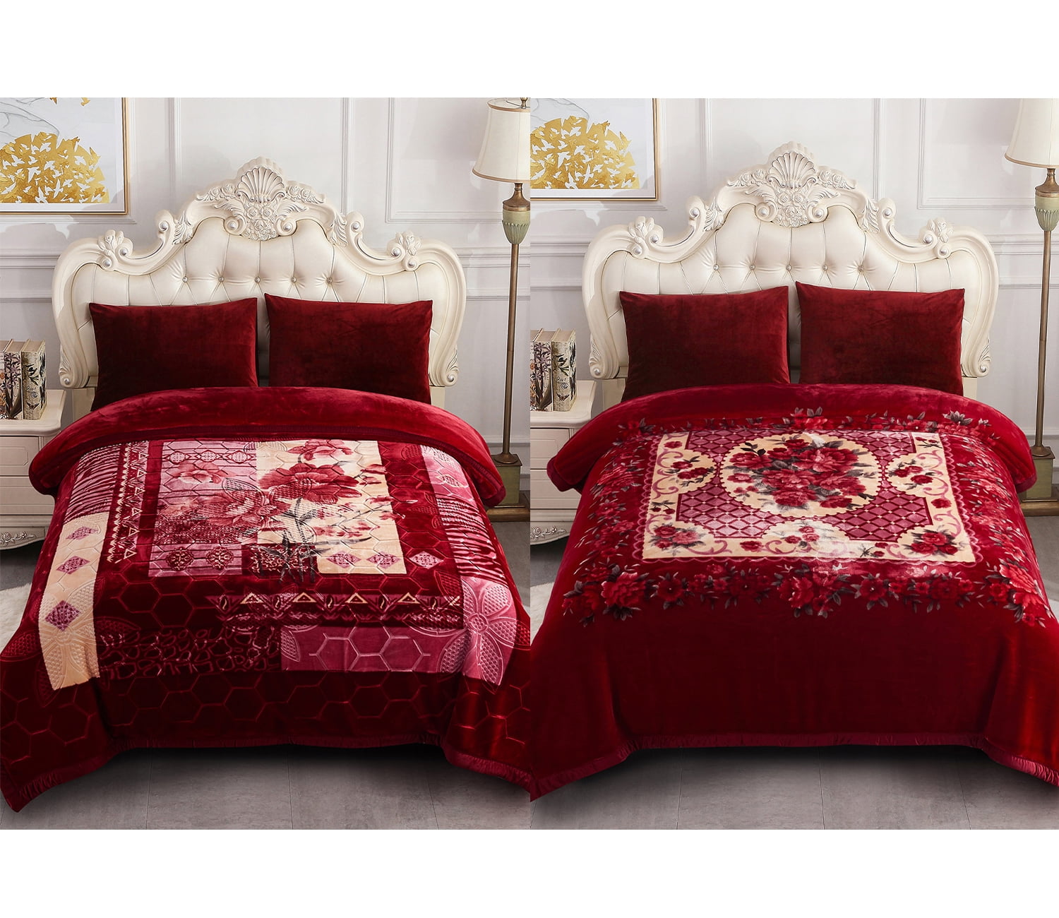 10lbs Heavy Thick A&B Pattern Blanket 2Ply Reversible - Thick Warm Plush Korean Style Bed Blanket, King Size Fleece Plush Blanket, Soft Winter Blanket For Adult 87" x 95", Burgundy Red Flower