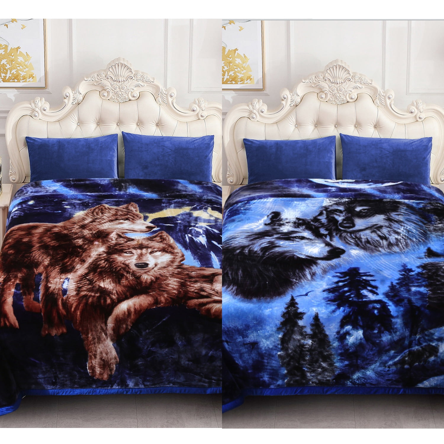 10lbs Heavy Thick A&B Pattern Blanket 2Ply Reversible - Thick Warm Plush Korean Style Bed Blanket, King Size Fleece Plush Blanket, Soft Winter Blanket For Adult 87" x 95", Black Wolf & Brown Wolf