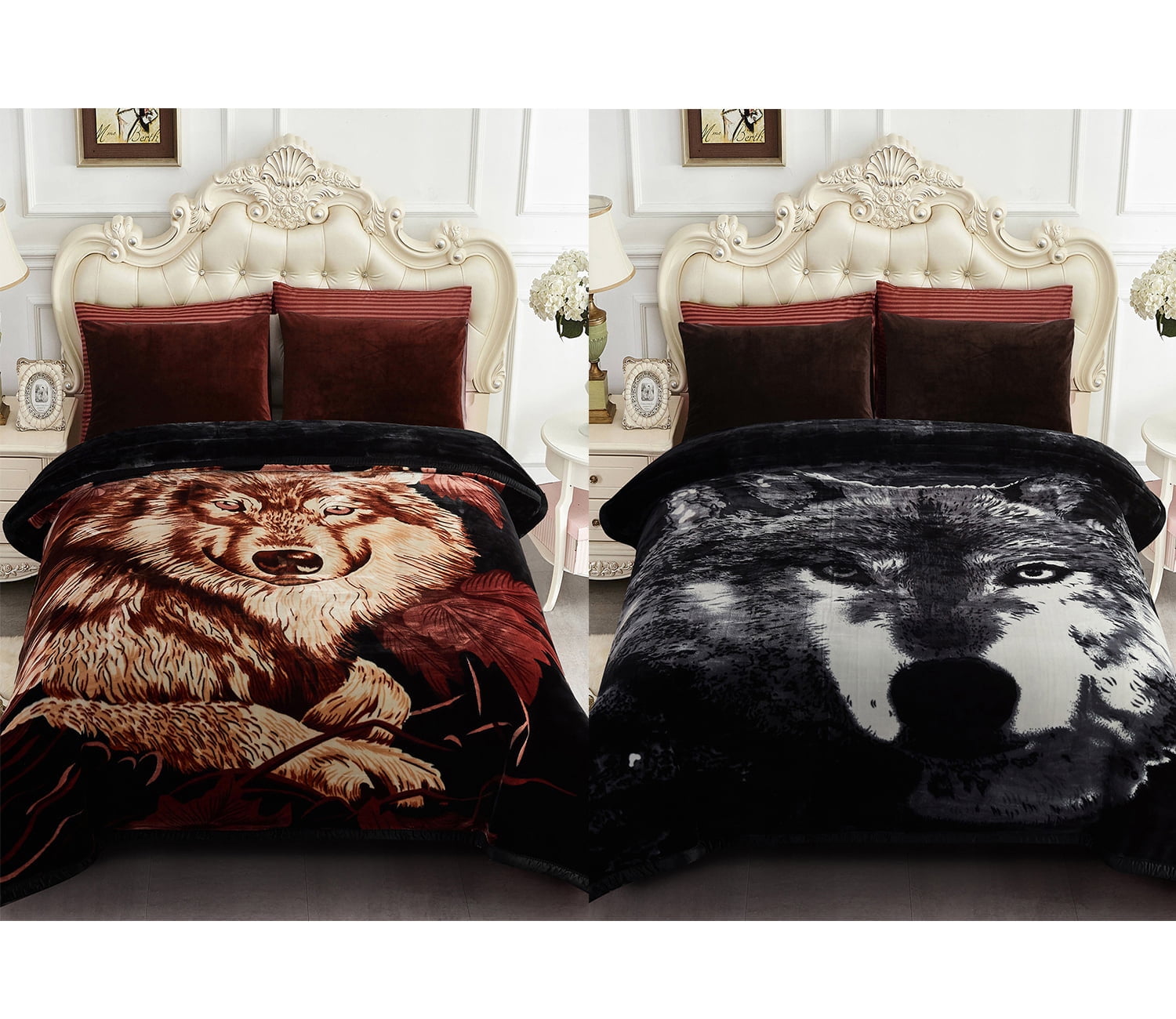 10lbs Heavy Thick A&B Pattern Blanket 2Ply Reversible - Thick Warm Plush Korean Style Bed Blanket, King Size Fleece Plush Blanket, Soft Winter Blanket For Adult 87" x 95", Wolf/Wolf