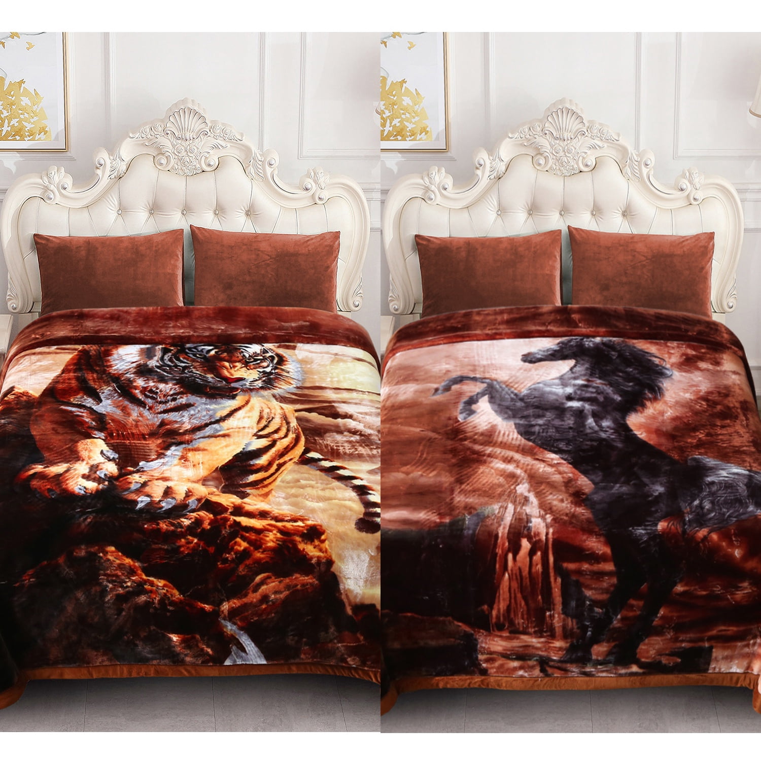 10lbs Heavy Thick A&B Pattern Blanket 2Ply Reversible - Thick Warm Plush Korean Style Bed Blanket, King Size Fleece Plush Blanket, Soft Winter Blanket For Adult 87" x 95", Tiger & Horse