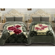 10lbs Heavy Thick A&B Pattern Blanket 2Ply Reversible - Thick Warm Plush Korean Style Bed Blanket, King Size Fleece Plush Blanket, Soft Winter Blanket For Adult 87" x 95", Grey Green & Pink Flower