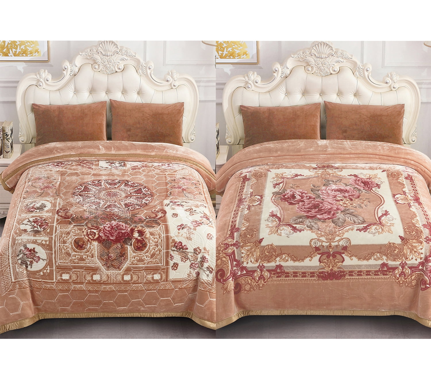 10lbs Heavy Thick A&B Pattern Blanket 2Ply Reversible - Thick Warm Plush Korean Style Bed Blanket, King Size Fleece Plush Blanket, Soft Winter Blanket For Adult 87" x 95", Ginger Flower
