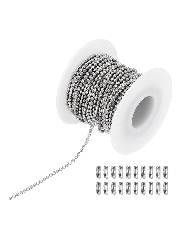 32ft Beaded Ball Chain 0.08 inch Stainless Steel Pull Chain Extension with 20 Pcs Connectors Silver