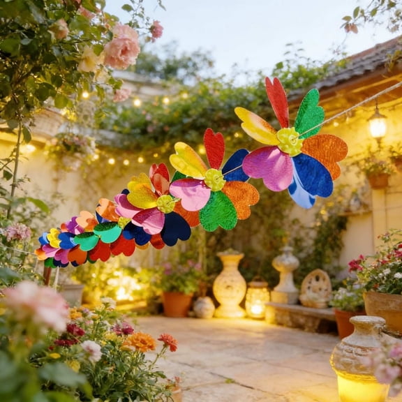 10m Colorful Flower String Windmills, Rainbow Plastic Pinwheel Garland for Outdoor Garden, Party & Scenic Area Decor