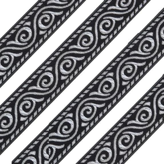 10m Long Black Floral Pattern Embroidery Ribbon 3.3cm Wide Ethnic Style Jacquard Swirl Wired Ribbon Polyester Webbing Decorative Tyrolean Ribbon for Gift Wrapping Party Decoration