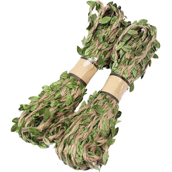 10m Natural Hemp Jute Twine Burlap Green Leaf Trim Ribbon Jute Twine Rope Burlap Ribbon Decorated Vine Fabric Green Leaves for Arts Crafts DIY Gift Packing Wedding Random
