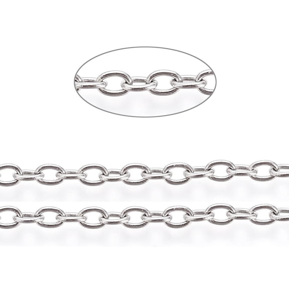 10m Tarnish Resistant 304 Stainless Steel Cable Chains Soldered with Card Paper Oval Stainless Steel Color Links: 3.5x2.5x0.6mm 32.8 Feet(10m)/card