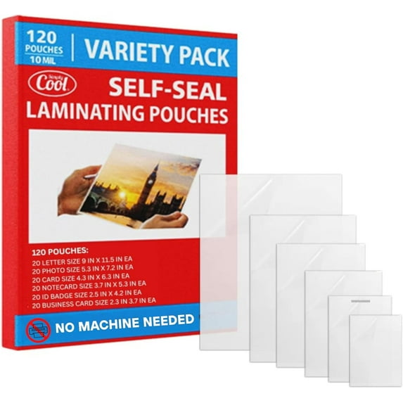 10mil Self-Adhesive Cold Laminating Sheets (120 Variety Count) Letter, Photo, Card, Notecard, I.D. Badge and Business Card Sizes. No Heat, No Machine needed, Easy Self-Sealing Pouches