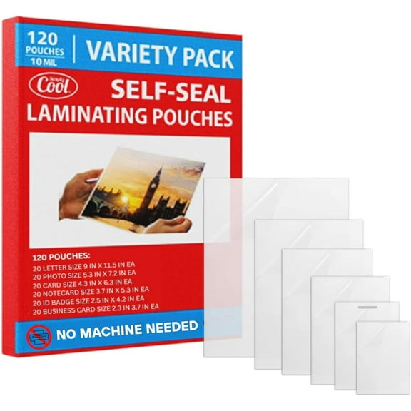 10mil Self-Adhesive Cold Laminating Sheets (120 Variety Count) Letter, Photo, Card, Notecard, I.D. Badge and Business Card Sizes. No Heat, No Machine needed, Easy Self-Sealing Pouches