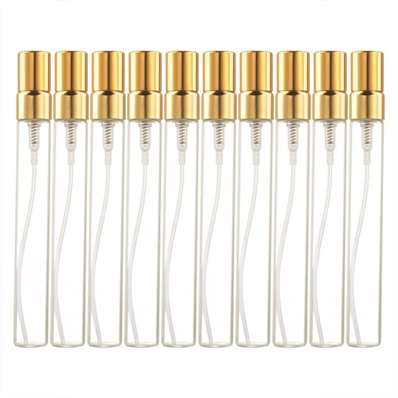 10ml 10pcs Glass Spray Bottle Refillable Perfume Atomizer Mini Sample Test Bottle Thin Glass Vials (Gold)