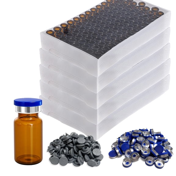 10ml Glass Vials, 500 Pcs Amber Glass Headspace Vials with Plastic-Aluminum Flip Caps and Rubber Stopper - 20mm Transparent Flat Bottom Lab Vial