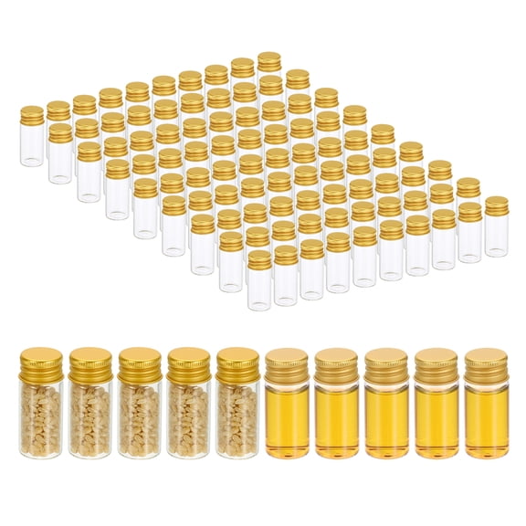 10ml Clear Glass Vials, 100 Pack Small Liquid Sample Vial with Screw Caps Leak-Proof Bottles Empty Jars Powder Container, Golden