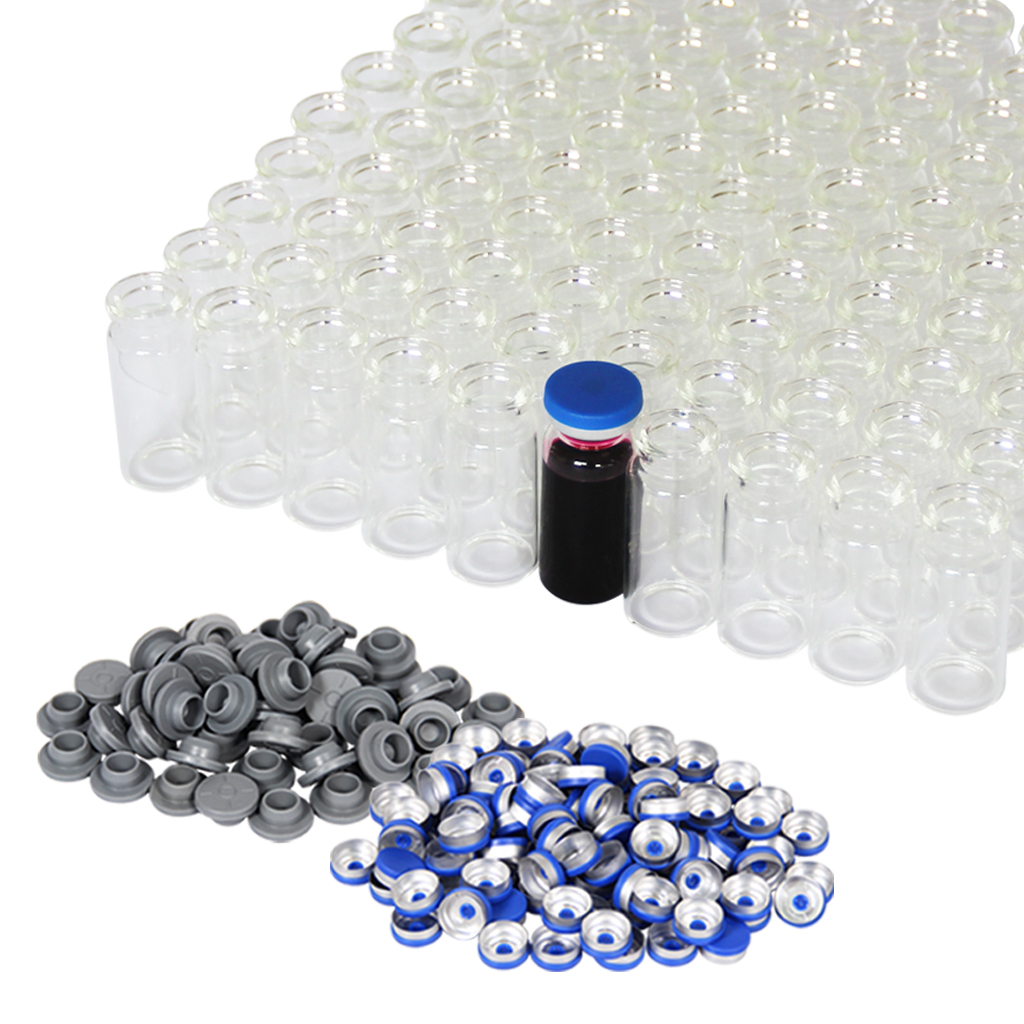 10ml Clear Glass Vials-2-1/2 Dram Clear Glass Headspace Vials with Plastic-Aluminum Flip Caps and Rubber Stoppers, 100 Pack, 20mm Flat Bottom Lab Vial - image 1 of 5