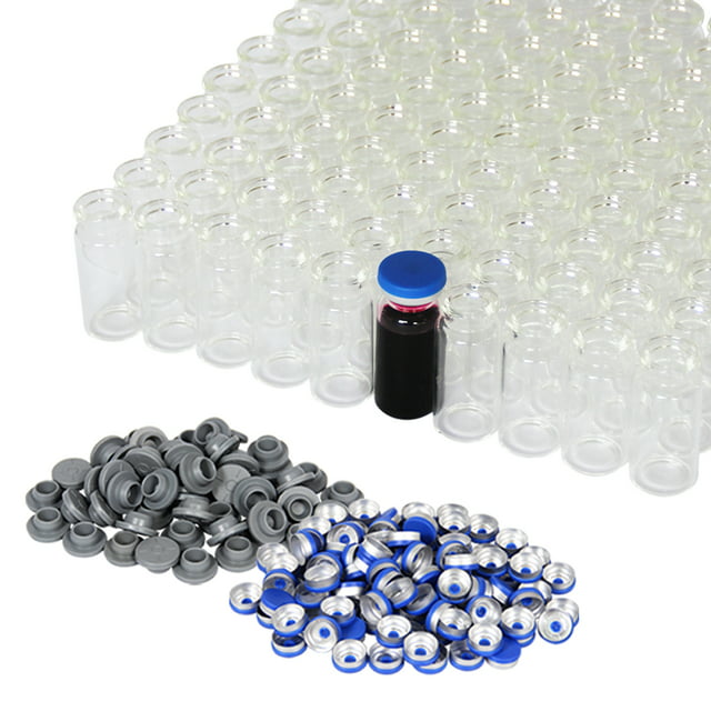 10ml Clear Glass Vials-2-1/2 Dram Clear Glass Headspace Vials with Plastic-Aluminum Flip Caps and Rubber Stoppers, 100 Pack, 20mm Flat Bottom Lab Vial