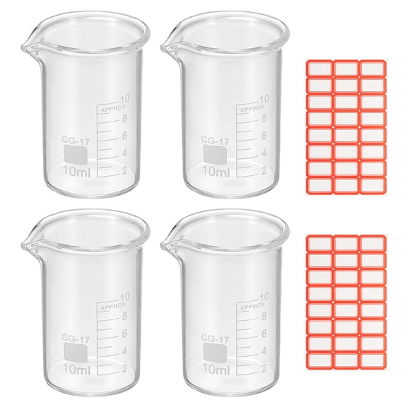 10ml Glass Beaker, 4 Pack Measuring Glass Beaker Graduated Borosilicate Lab Cups Mug Low Form Heat Safe Transparent with Spout Label for Laboratory Science Kitchen Liquids
