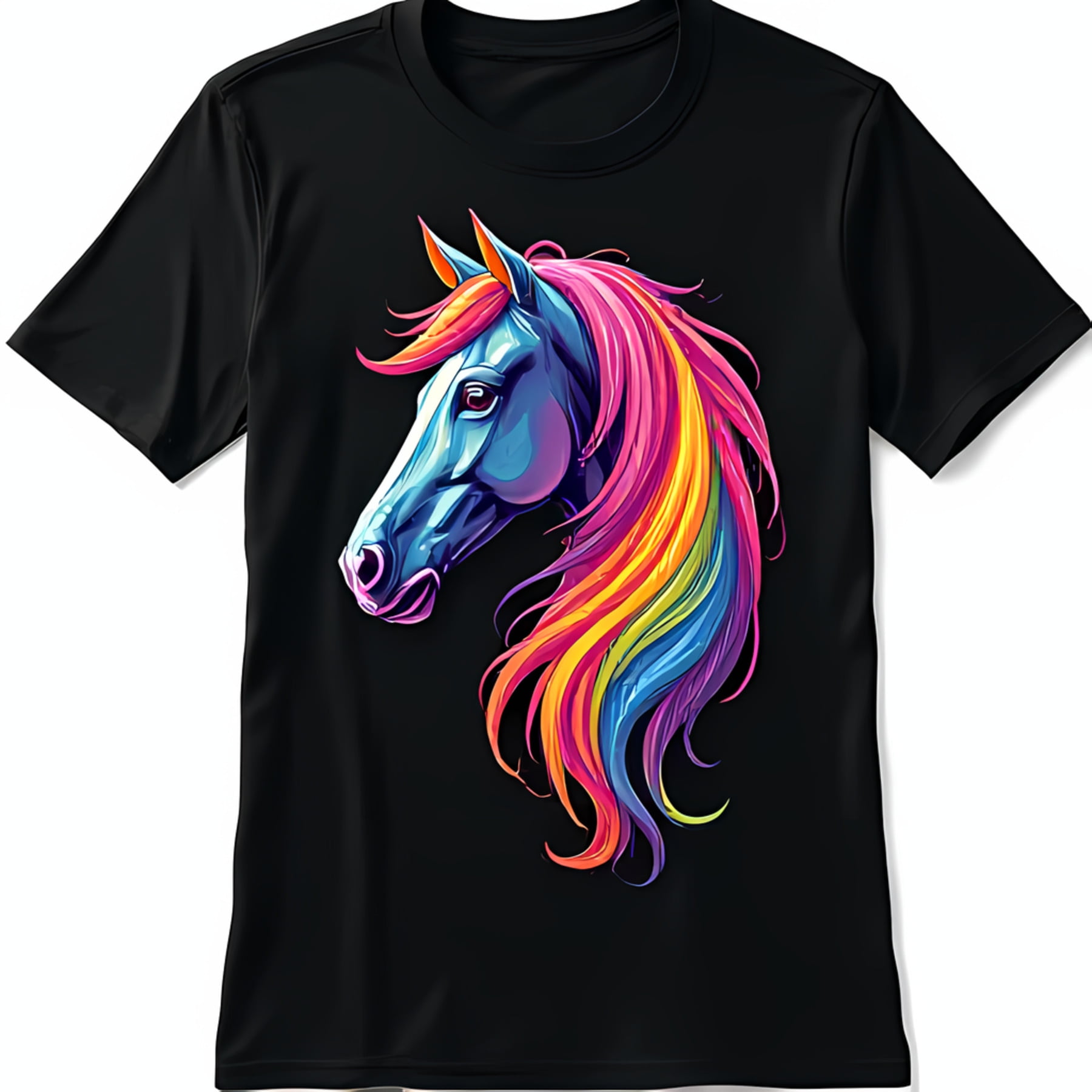 Vibrant Black TShirt with Colorful Horse Head Design Classic Crewneck