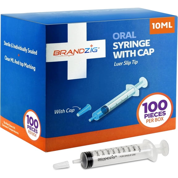 10ml Oral Syringe With Cap (100 Pack) | Oral Dispenser Without Needle, Luer Slip Tip | Individually Wrapped Medicine Dropper For Infants & Pets