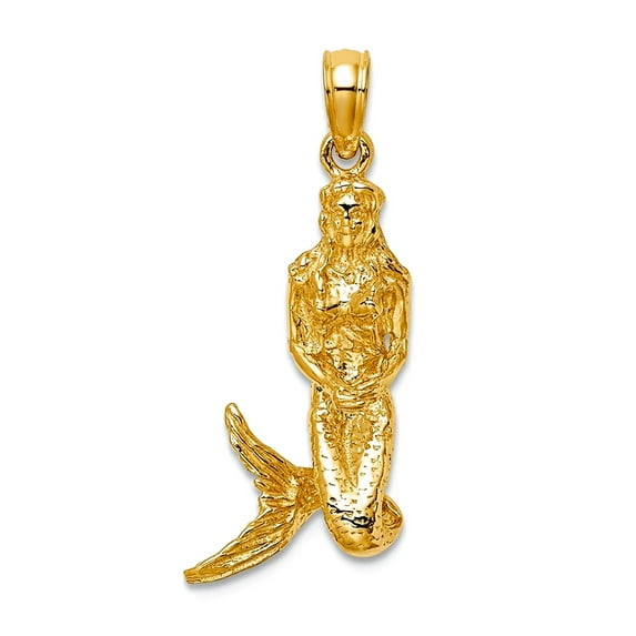10mm 14k Gold 3-d Mermaid Charm Pendant Necklace for Women