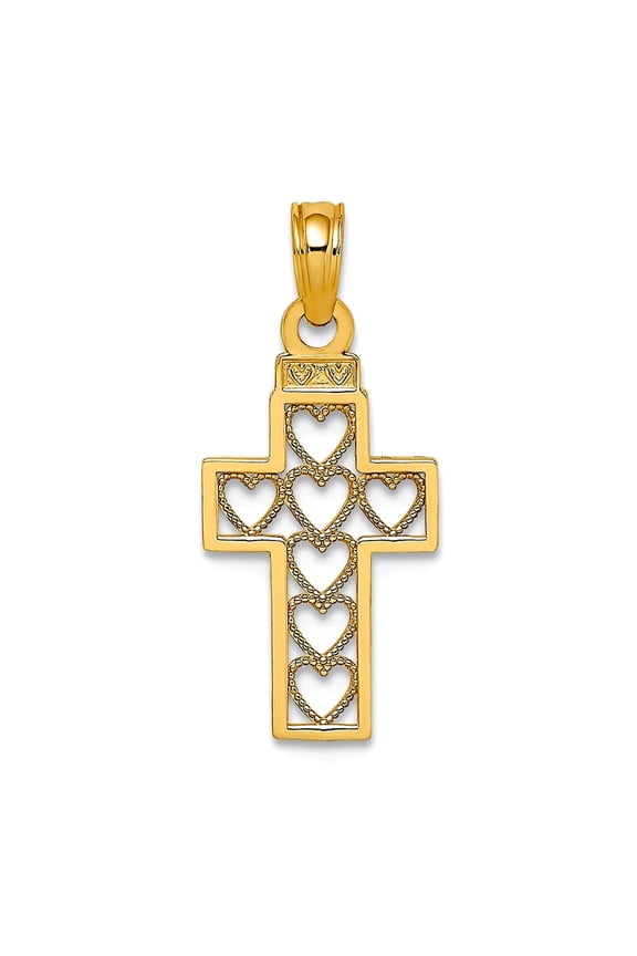 10mm 14k Gold Block Religious Faith Cross With Love Hearts Cut-out Pendant Necklace for Women