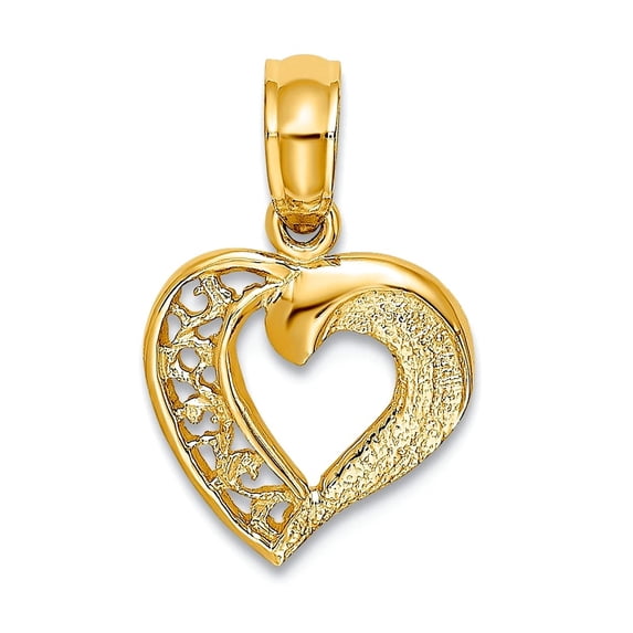 10mm 14k Gold Open Love Heart Pendant Necklace With Cut Out Lace and Solid Pendant for Women