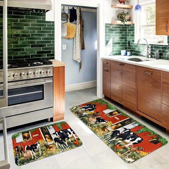 10mm 18D Sponge Kitchen Mat, 500g/m² Non-Slip Flannel Cow Carpet, 2/3pcs Farmhouse Standing Pad Soft Comfortable Farm Animal Rug