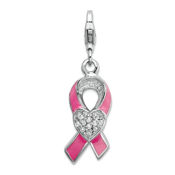 10mm 925 Sterling Silver Polished Fancy Lobster Closure Rhodium Platedenameled Cubic Zirconia Awareness Ribbon Charm Pen