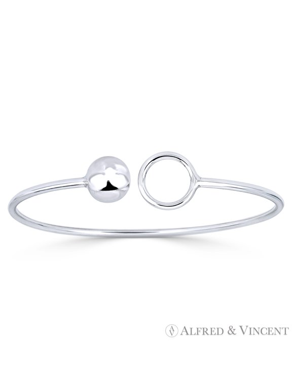 10mm Ball Bead & 13mm Circle Ring Open-Cuff Bangle Bracelet in .925 Sterling Silver