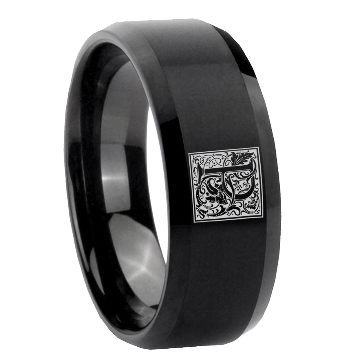 10mm Black Bevel Tungsten Floral Box Letter P Monogram Engraved Ring ...