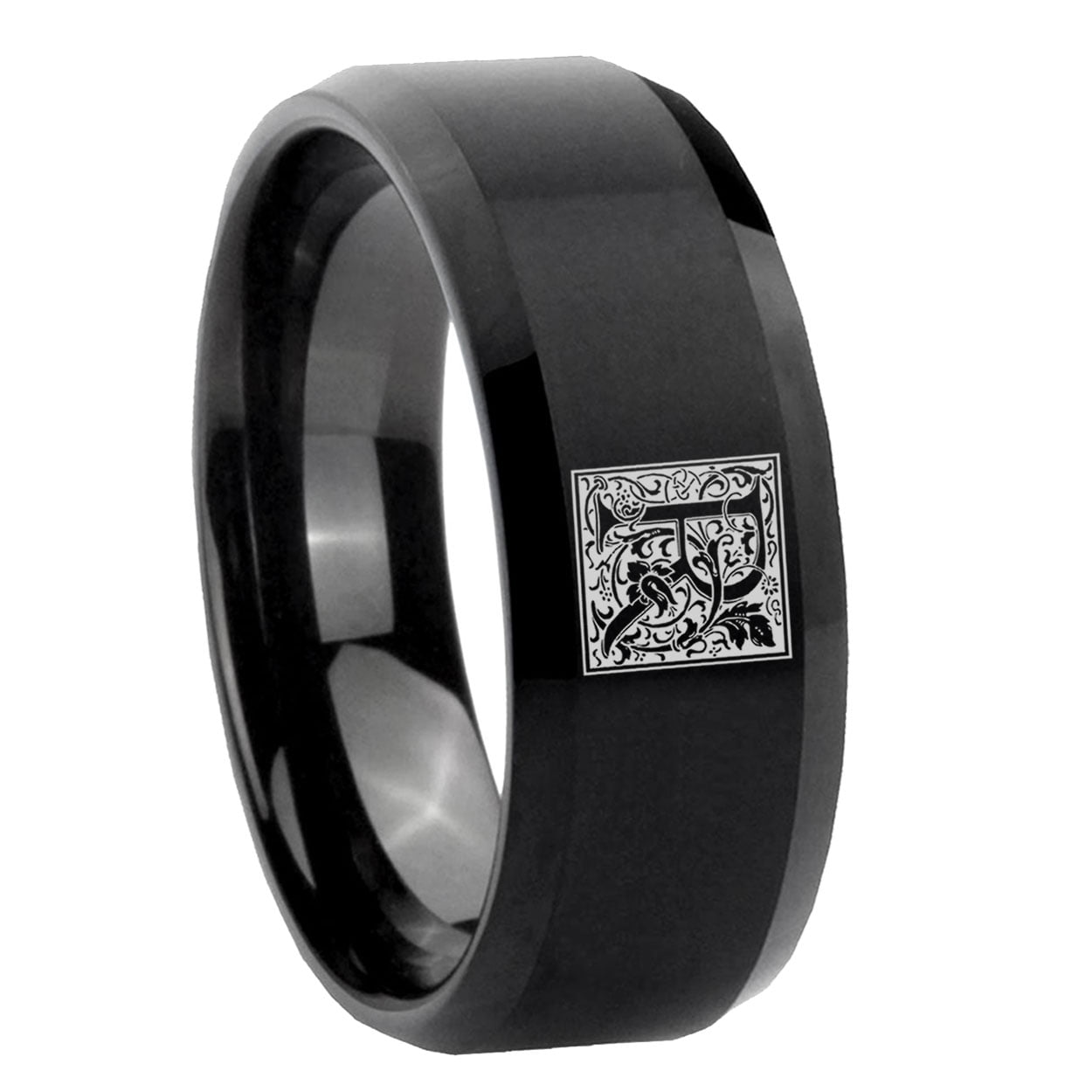 10mm Black Bevel Tungsten Floral Box Letter R Monogram Engraved Ring ...