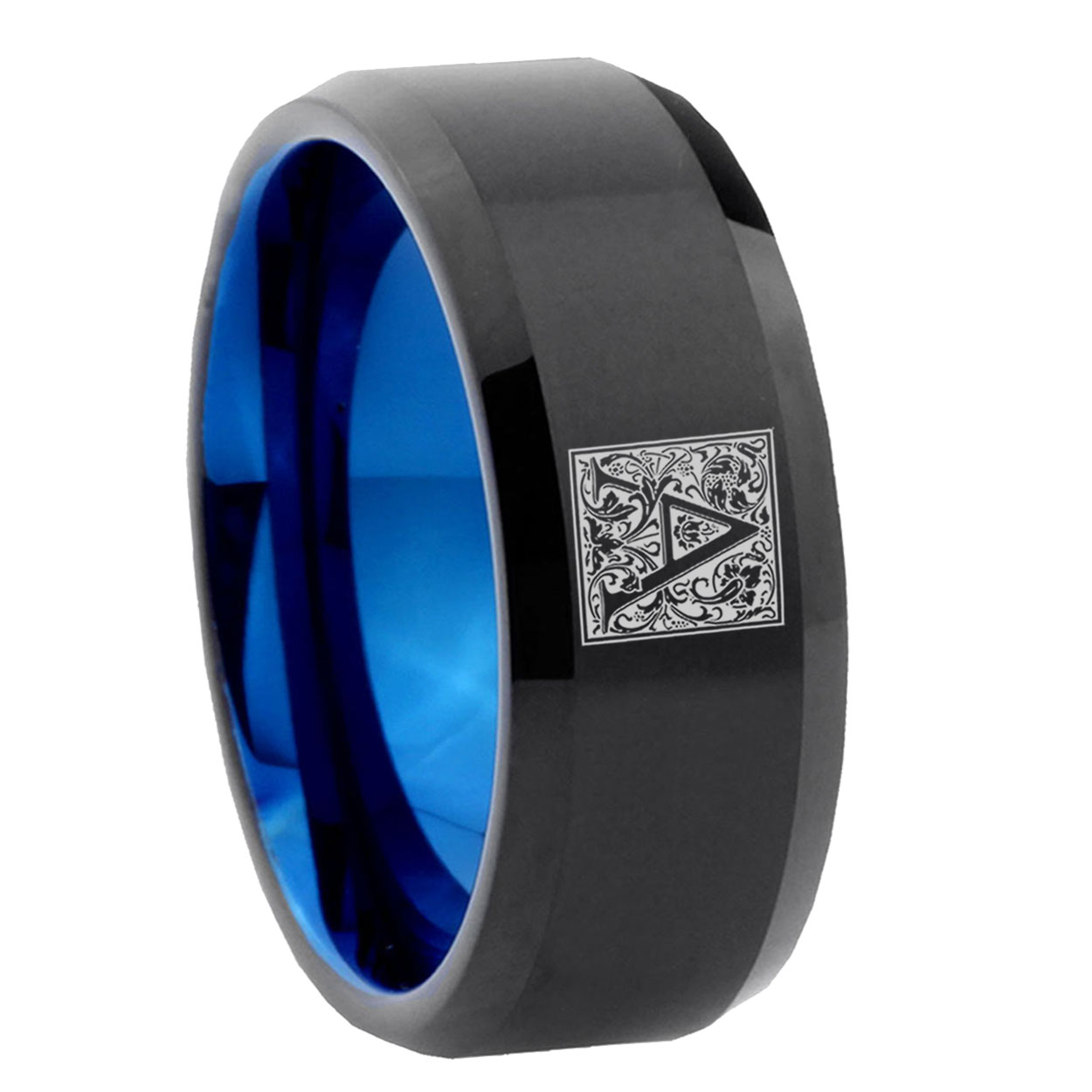 10mm Black Blue Bevel Tungsten Floral Floral Box Letter A Monogram ...