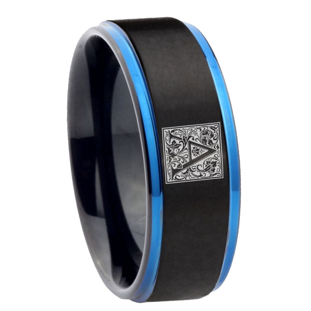 10mm Black Blue Step Tungsten Floral Floral Box Letter A Monogram ...