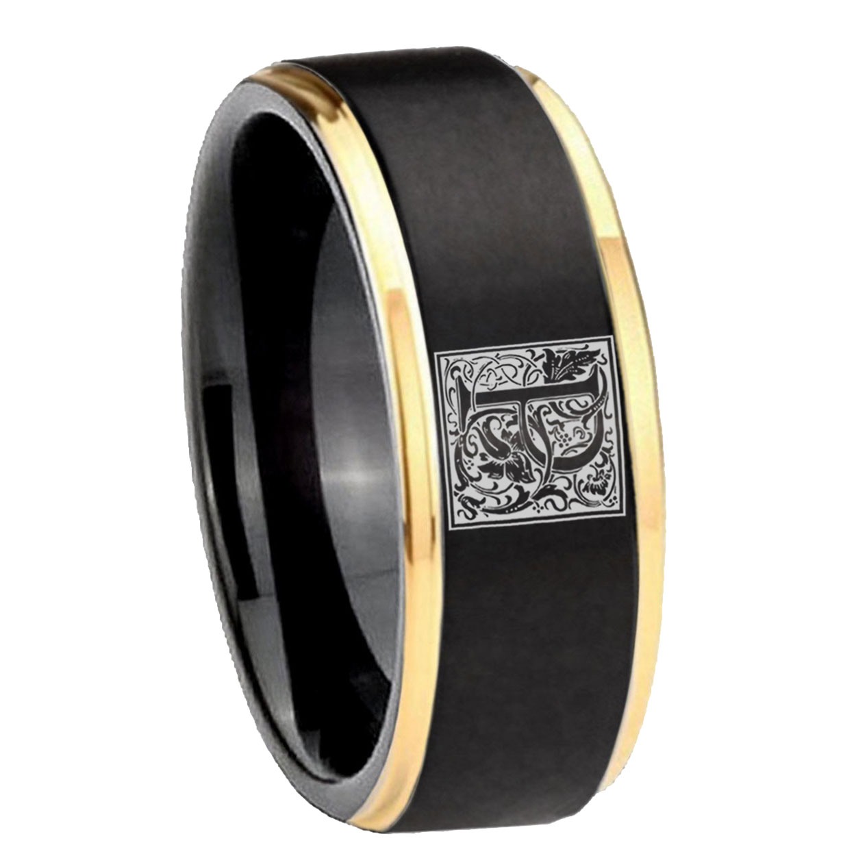 10mm Black Gold Step Tungsten Floral Box Letter P Monogram Engraved ...