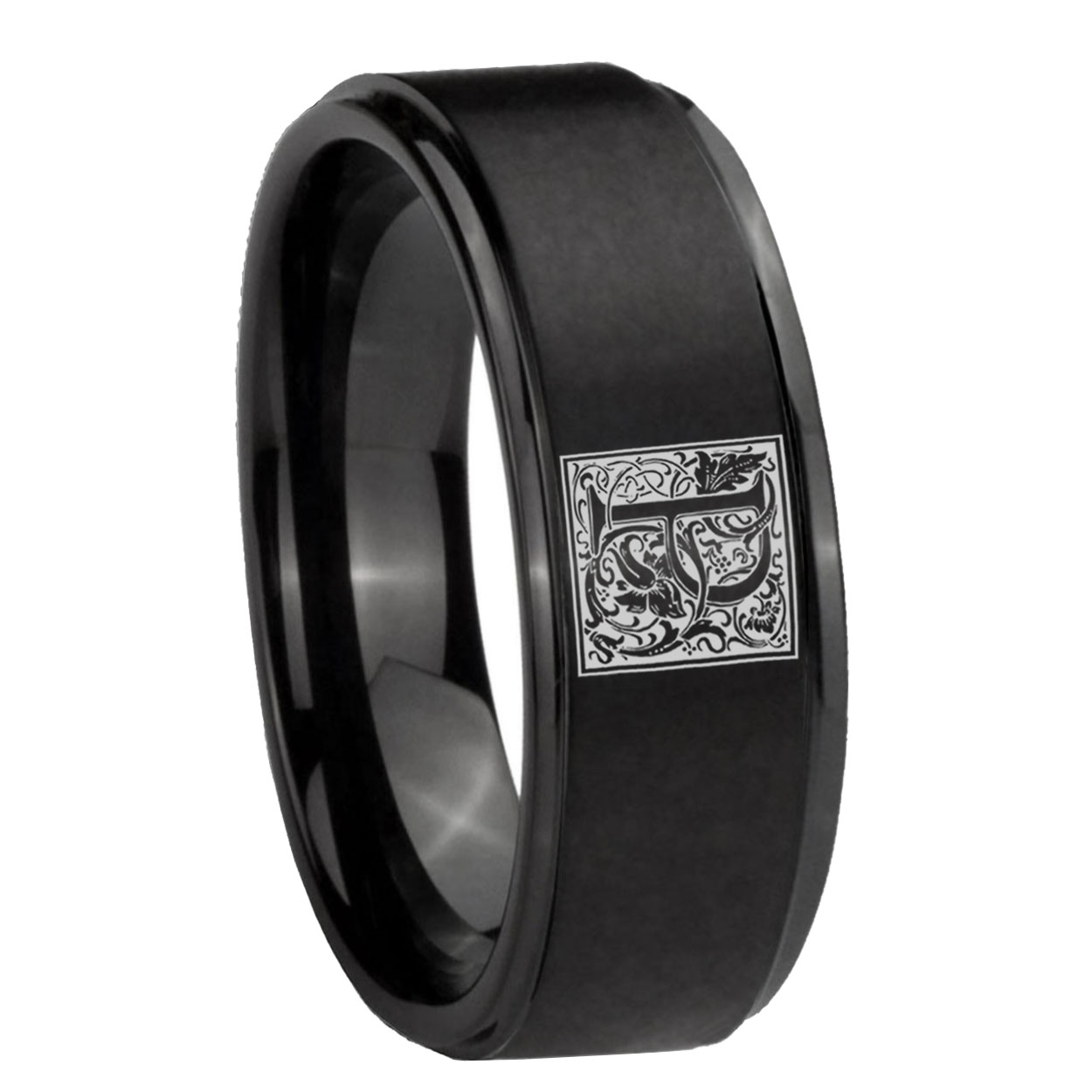10mm Black Step Edge Tungsten Floral Box Letter P Monogram Engraved ...
