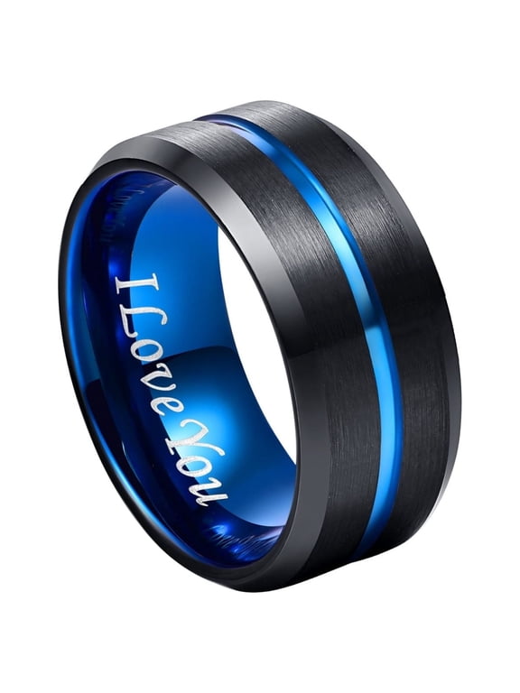 10mm Black Tungsten Carbide Ring with Blue Groove Men's Wedding Band Engraved I Love You Size 7-17