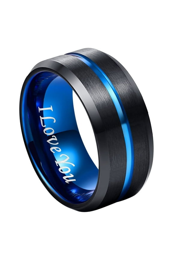 10mm Black Tungsten Carbide Ring with Blue Groove Men's Wedding Band Engraved I Love You Size 7-17
