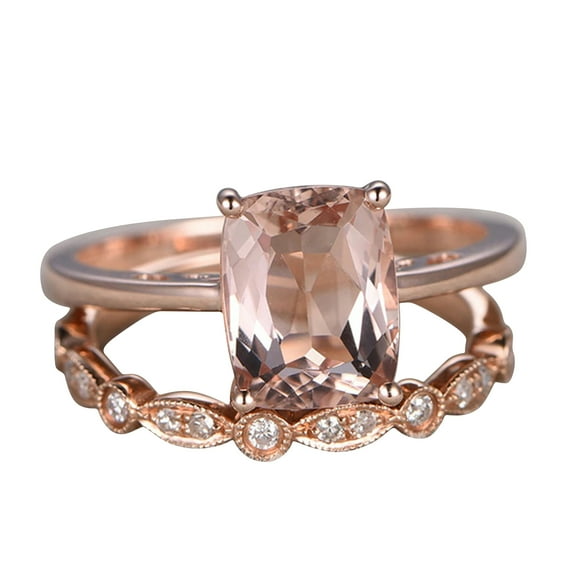 10mm Cushion Cut 4.5 Carat Solitaire Morganite Wedding Set Diamond Moissanite Bridal Ring 10k Rose Gold Marquise Eternity Matching Band