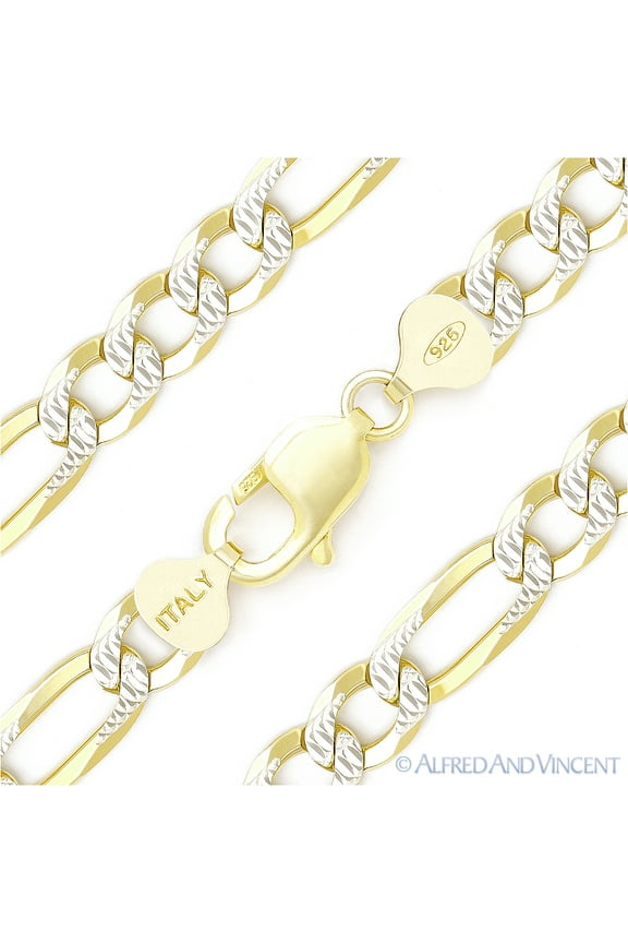 10mm Figaro / Figaroa Link D-Cut Pave Italian Chain Bracelet in .925 Sterling Silver w/ 14k Yellow Gold